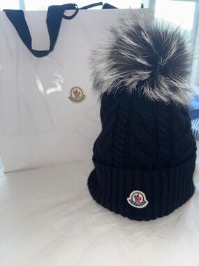 Moncler Black Knit Beanie with Grey/White Faux Fur Pom